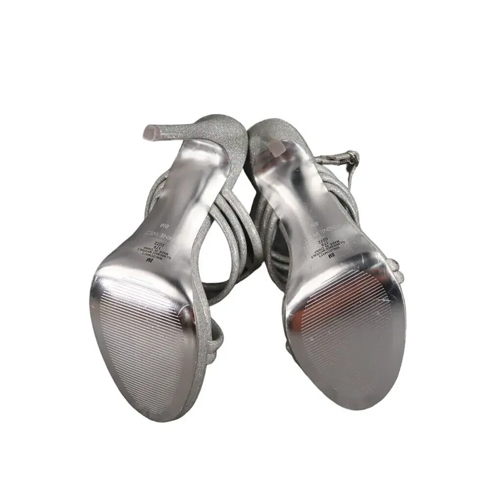Nine West Shoes Womens 8 Heeled Sandal Ankle Strap Pumps Platform Silver Glitter